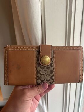 Coach Signature C Stripe Bifold Wallet Tan Leather & Brown Canvas Check Wallet